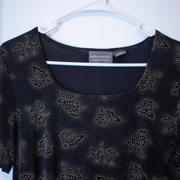 Romantic goth black tee with soft gold floral rose print stretch knit feel VTG L - Picture 3 of 5